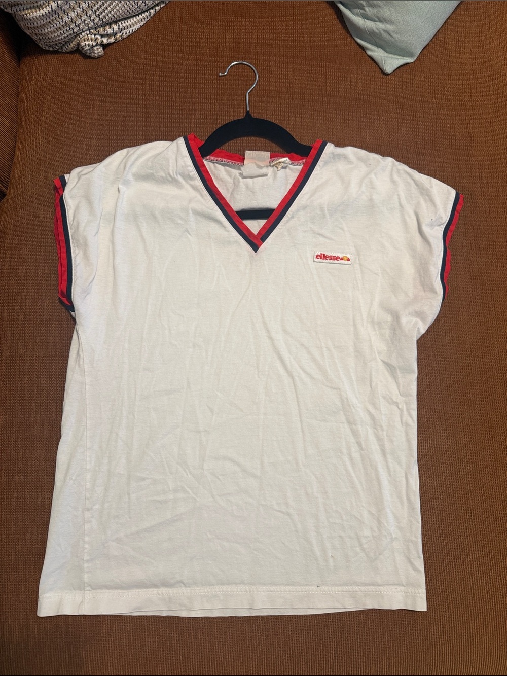 Vintage ellesse White V‑Neck Tee with Red and Navy Trim